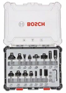 Mieszany zestaw frezów, trzpień 8 mm, 15 szt. 15-piece Mixed Application Router Bit Set. Bosch